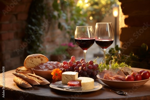  intimate spread of fine wine  assorted cheeses  and fresh fruit set in a cozy  rustic ambiance