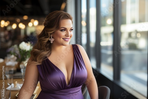 Free Download Confident plus-size woman in a stylish violet gown poses in a sophisticated urban setting - GFXLoad