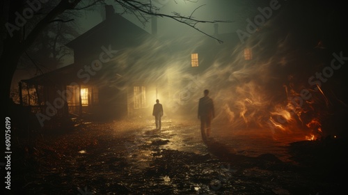 Two shadowy figures are seen walking towards an eerie, dimly lit haunted house in a foggy, foreboding setting