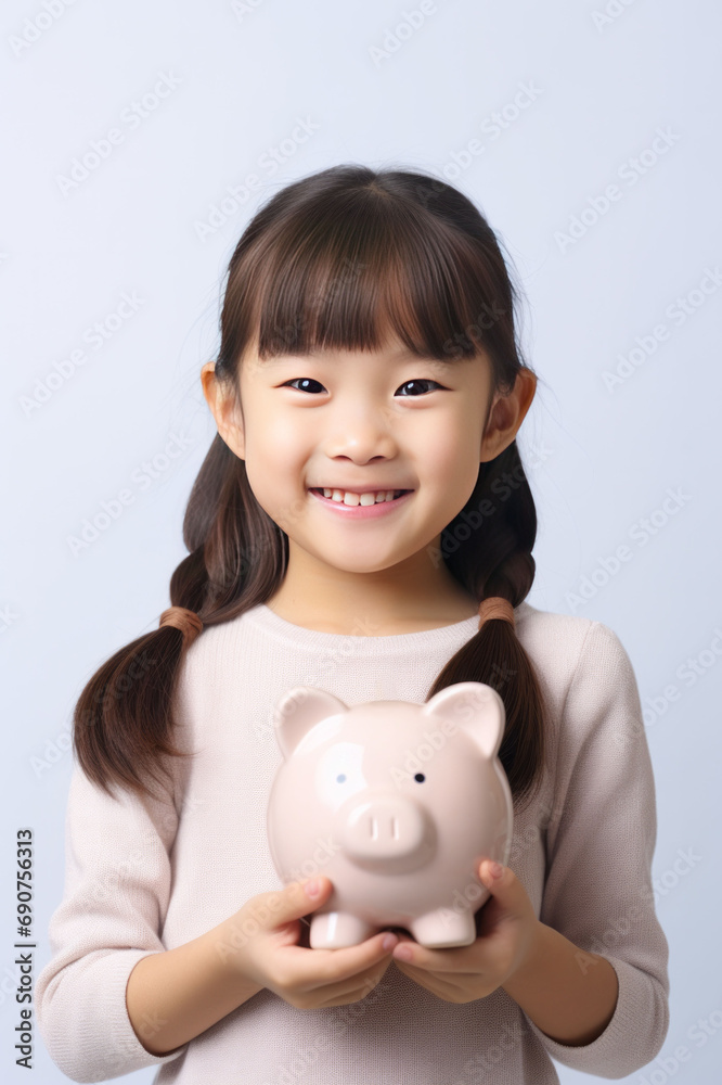 Asian smiling kid girl with a piggy bank in his hands, white background. AI generative Asian smiling kid girl with a piggy bank in his hands, white background. AI generative