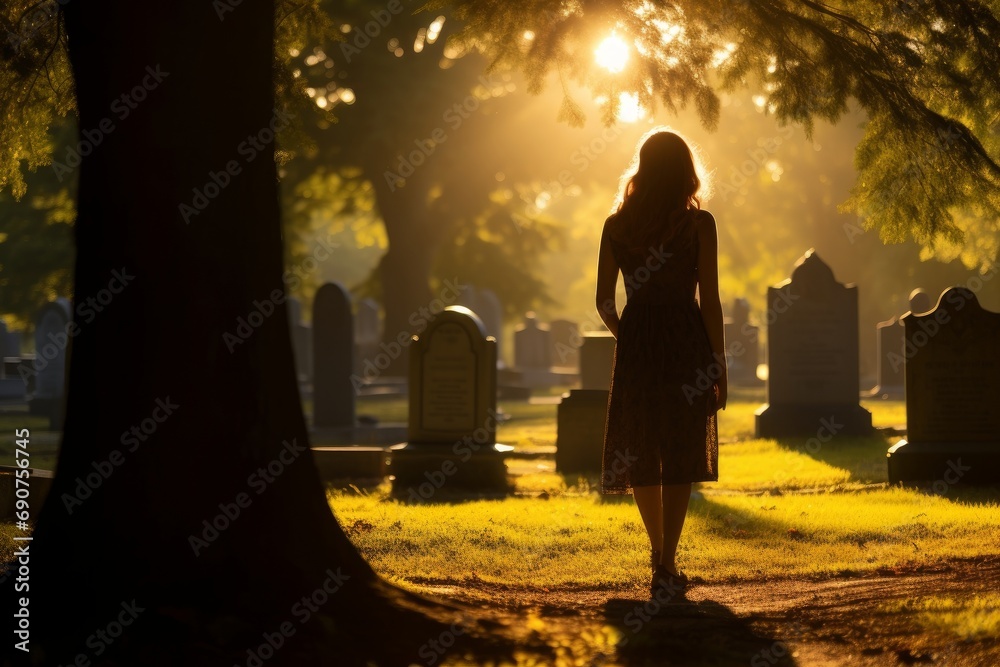 somber silhouette of a woman with flowers in a cemetery during a peaceful sunset somber silhouette of a woman with flowers in a cemetery during a peaceful sunset