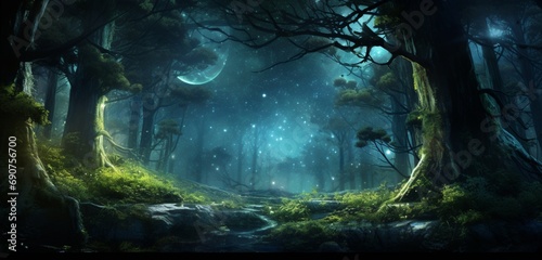 Mesmerizing ancient forest, its canopy adorned by a blanket of twinkling stars.