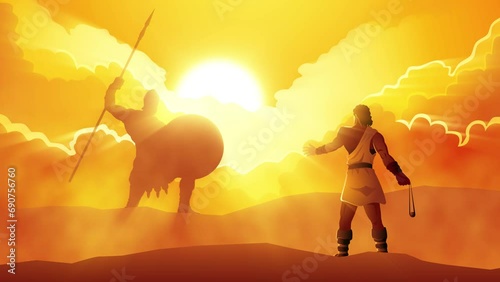 Biblical motion graphic of David and Goliath ready for a duel in dramatic scene photo