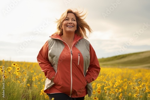 cheerful woman enjoys the beauty of a sunset in a wildflower field