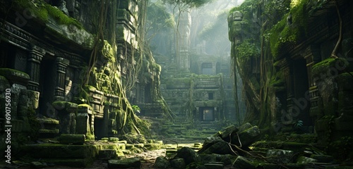 Mesmerizing ancient ruins hidden in a dense jungle  reclaimed by nature.