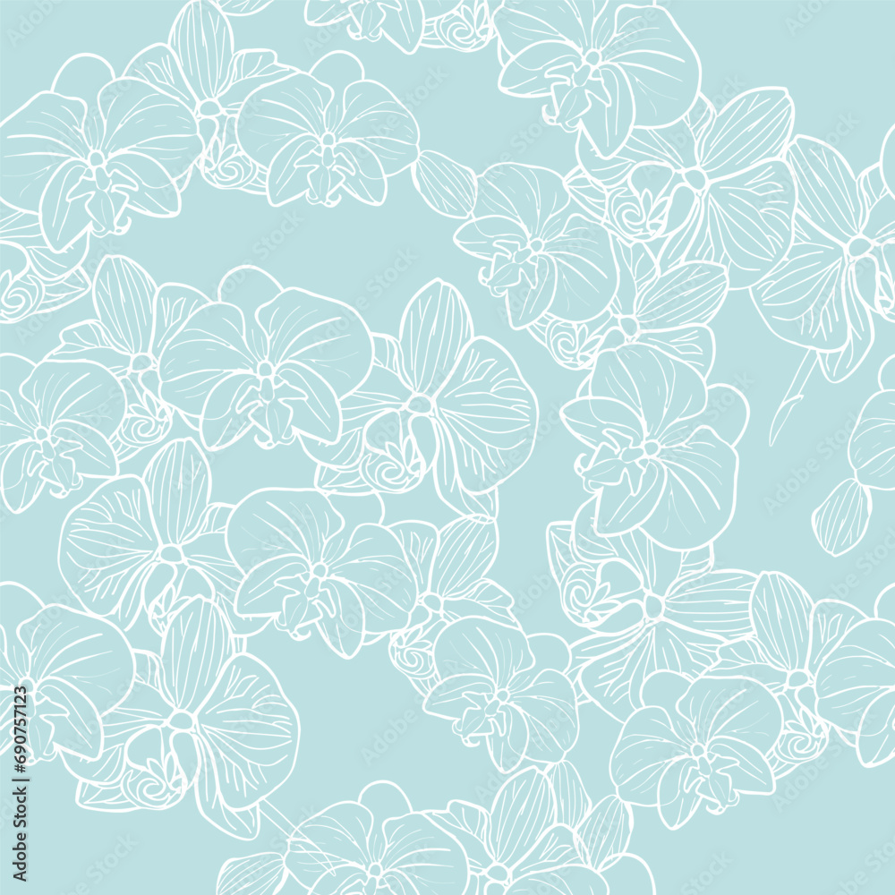 Orchid flower flower branch with buds and flowers seamless pattern for textile. Vector illustration for tropical design, romantic wedding invite, delicate and elegance background Orchid flower flower branch with buds and flowers seamless pattern for textile. Vector illustration for tropical design, romantic wedding invite, delicate and elegance background