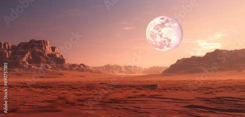 Mesmerizing arid canyon landscape bathed in the soft glow of a full moon.