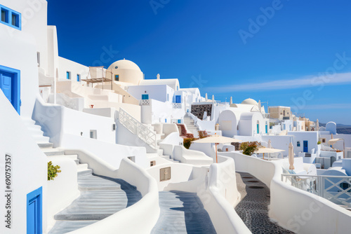 striking white buildings of Santorini stand out under the bright blue sky