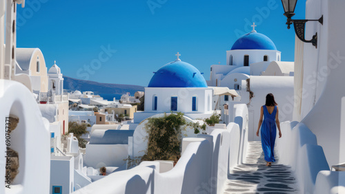 Fototapeta Naklejka Na Ścianę i Meble -  beautiful young model strolling along a Mediterranean island street