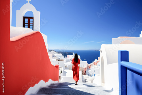 beautiful young model strolling along a Mediterranean island street