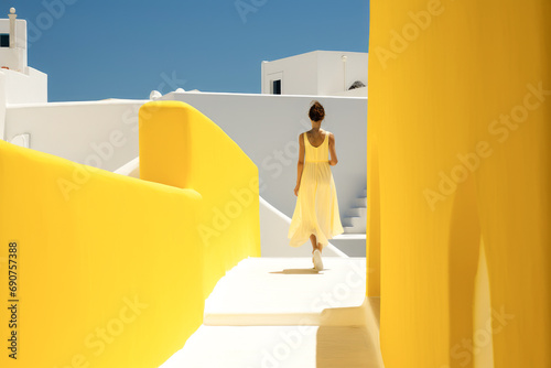 beautiful young model strolling along a Mediterranean island street photo