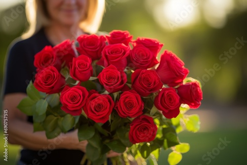 bouquet of roses in a woman s hands on a black background