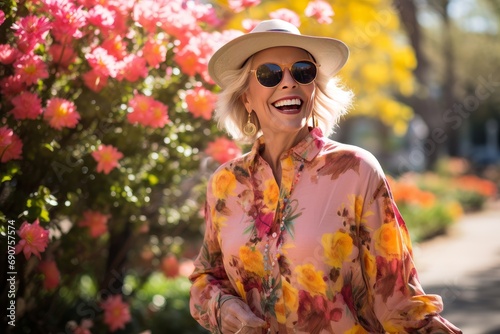 Joyful Senior Woman Enjoying Sunny Day in Blossoming Garden