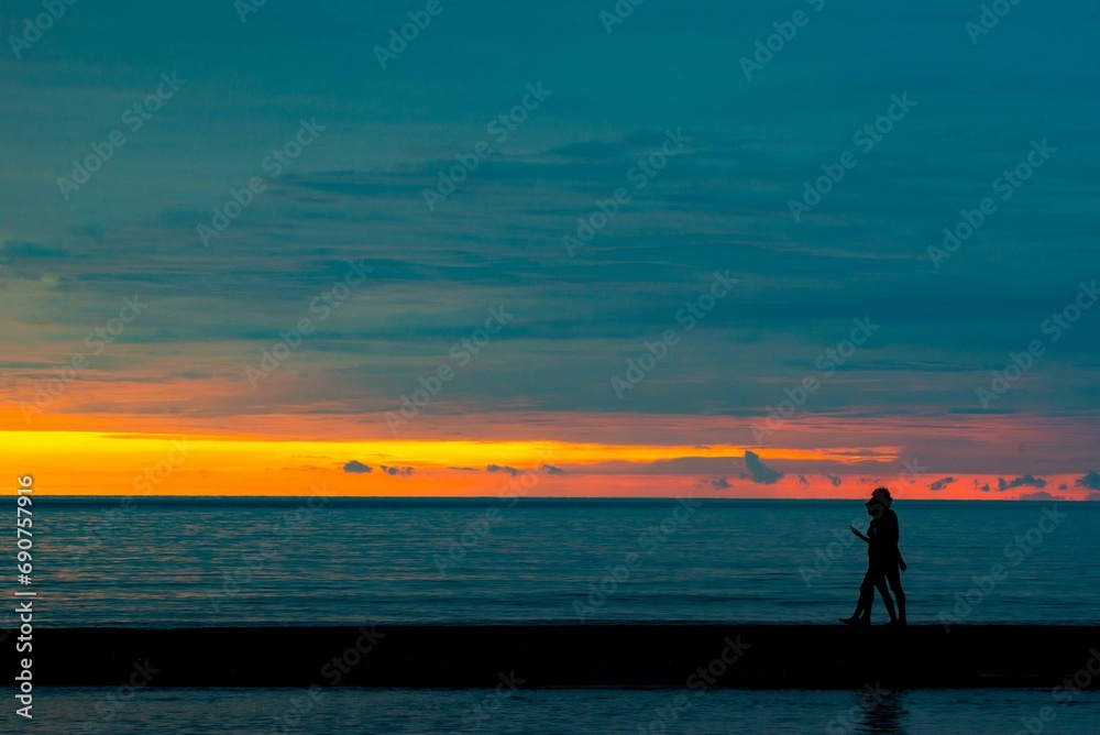 Bright red yellow sunset on the Black Sea in Batumi
