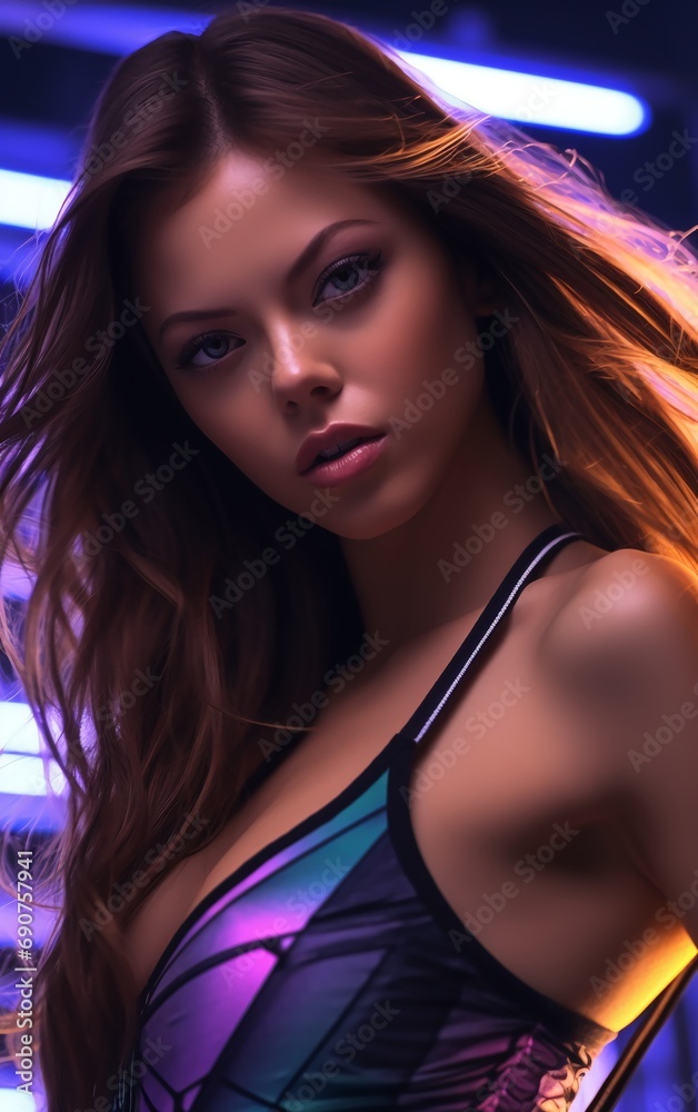 Naklejka premium Portrait of a woman in the night city illuminated with neon.