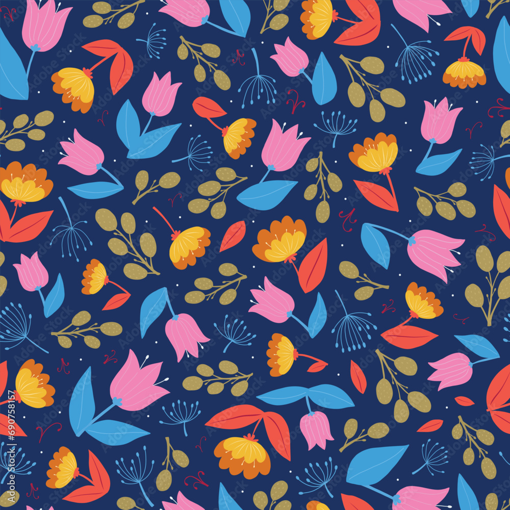 floral seamless pattern with abstract flowers and leaves on blue background for wallpaper, scrapbooking, wrapping paper, textile prints, etc. EPS 10 floral seamless pattern with abstract flowers and leaves on blue background for wallpaper, scrapbooking, wrapping paper, textile prints, etc. EPS 10