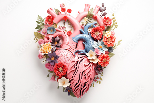 Human heart with flowers and leaves on white background, 3D Organ Model, Heart Disease Awareness Month Concept, Healing Human Heart