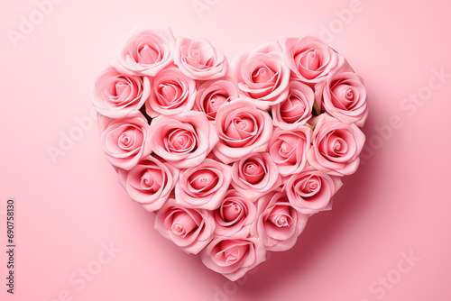 Pink Rose In Heart Shape on Pink Plain Background, Valentine Postcard Or Banner