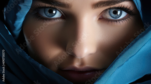  Mysterious eyes of a woman peering from beneath a blue veil, conveying depth and intensity. The soft folds of the fabric frame her gaze, adding a touch of elegance and enigma.