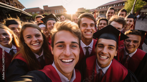Graduates bask in the glow of their achievements, their faces lit with joy as they take a celebratory selfie on campus.