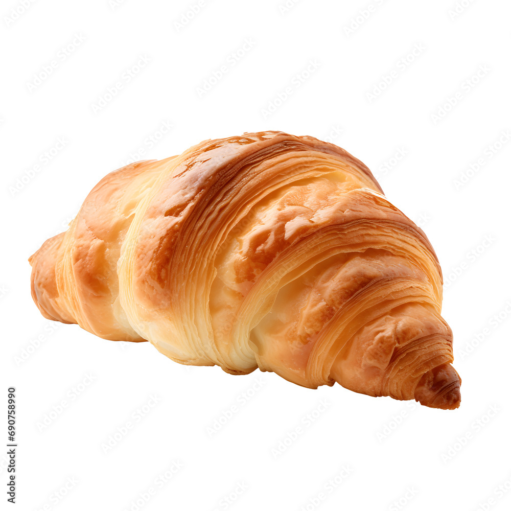 Close up photo of fresh, crispy and tasty croissant without background. Transparent PNG inside