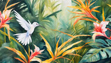 Tropical background wallpaper of golden palm leaves with white hummingbird watercolor painting