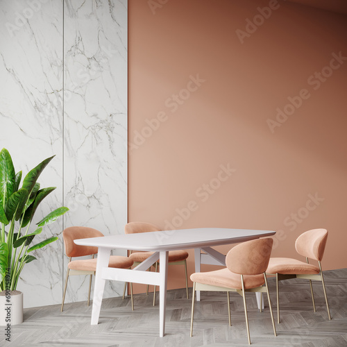 Warm peach fuzz 2024 color trend dining room. White marble, table and colorful apricot wall backgraund. Minimalist mockup for art. Modern cozy interior with accents scene stylish details. 3d render