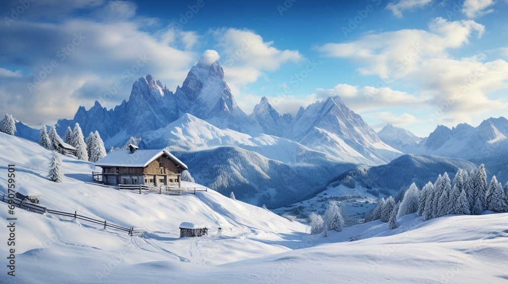 Untouched winter landscape. Frosty winter view of Alpes di Sause village with Plattkofel peak on background.