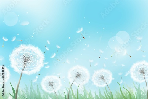 Vector of spring background with white dandelions. © Areesha