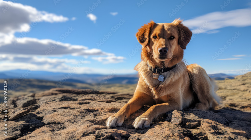 Dog resting on a rock on top of the mountain,AI generated