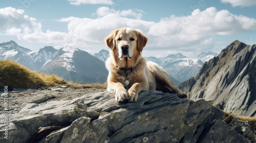 Dog resting on a rock on top of the mountain, AI generated