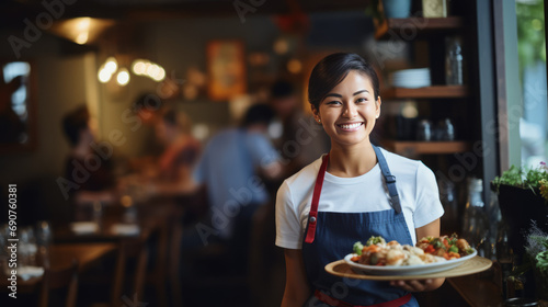 Welcoming Waitress holding tray and smiling AI generated