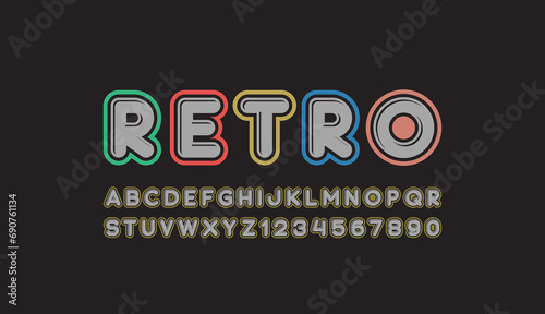Retro font, old alphabet, rounded letters and numbers, vector illustration 10eps