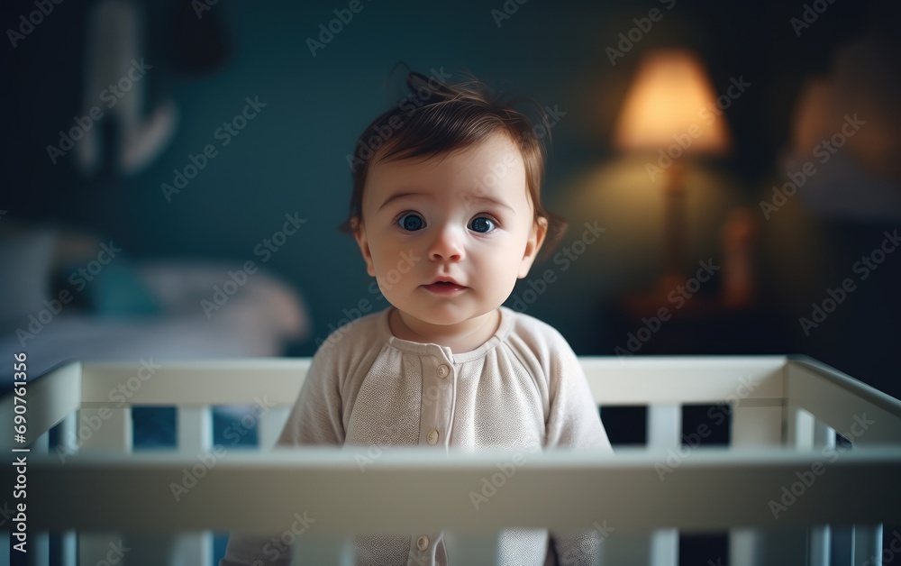 A cute little baby in a crib at home, looking to the camera