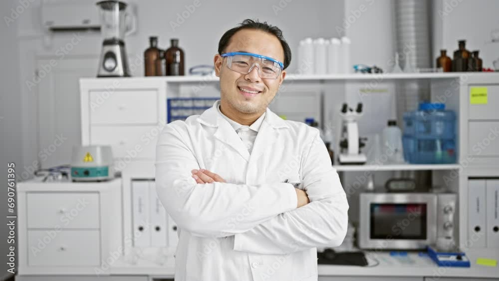 Smiling, confident young chinese man, a pro in science, at his lab station, standing with iconic arms crossed in the epicenter of research and medicine. Smiling, confident young chinese man, a pro in science, at his lab station, standing with iconic arms crossed in the epicenter of research and medicine.