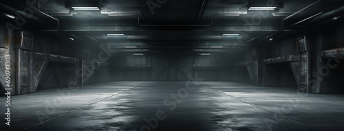 Dark underground warehouse, empty concrete garage with gray walls. ai generative