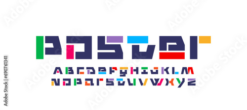 Tech font, digital cyber alphabet, trendy modern Latin letters and Arab numerals made in design future, vector illustration 10EPS