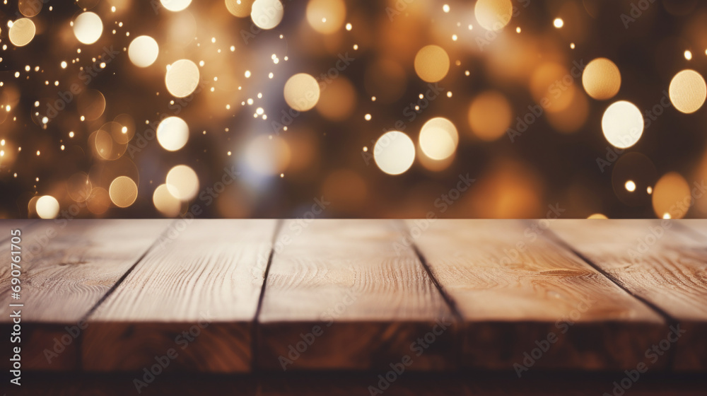 Empty Wooden Table Top with Festive Holiday Bokeh Background. Useful for Mock Up Empty Wooden Table Top with Festive Holiday Bokeh Background. Useful for Mock Up