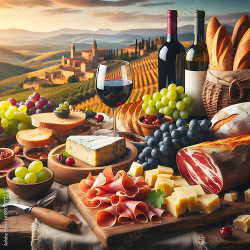 Mediterranean Banquet: A Display of Cheese, Serrano Ham and Wine, Flavors of Italy: A Feast of Cheese and Serrano Ham, Romantic Dinner: Table of Delicacies with Cheese and Serrano Ham