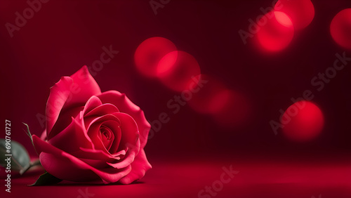 Valentines day background with red rose and red bokeh lights.