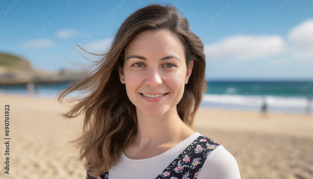 Close-up portrait of a smiling beautiful young woman looking at camera with out of focus beach landscape in the background