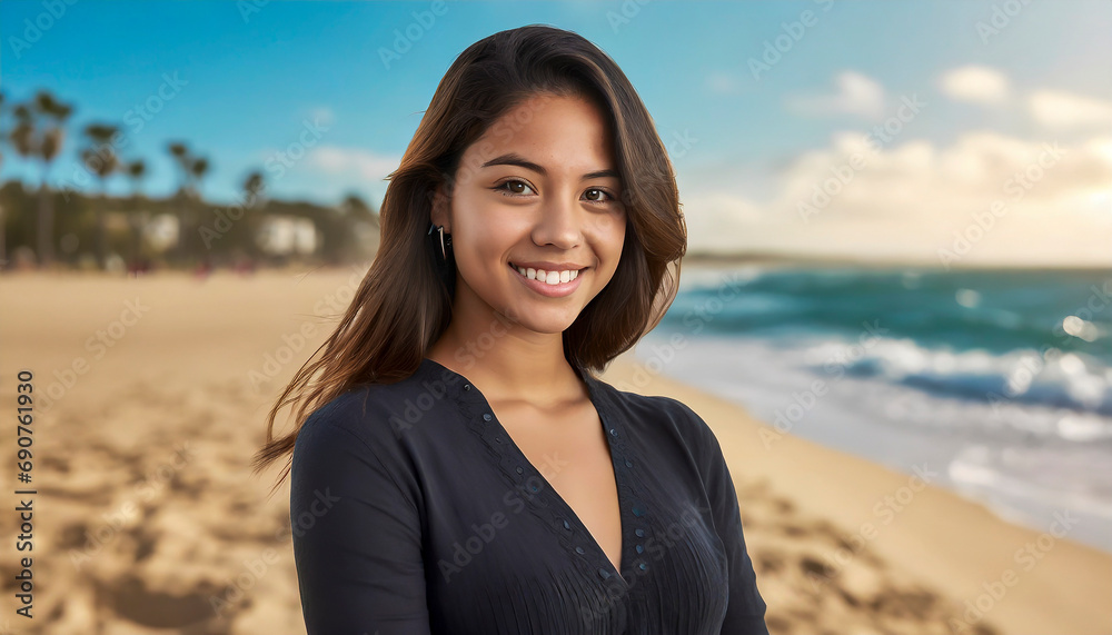 Close-up portrait of a smiling beautiful young woman looking at camera with out of focus beach landscape in the background Close-up portrait of a smiling beautiful young woman looking at camera with out of focus beach landscape in the background