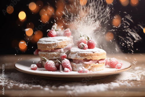 sweet cake with berries on a beautiful christmas background