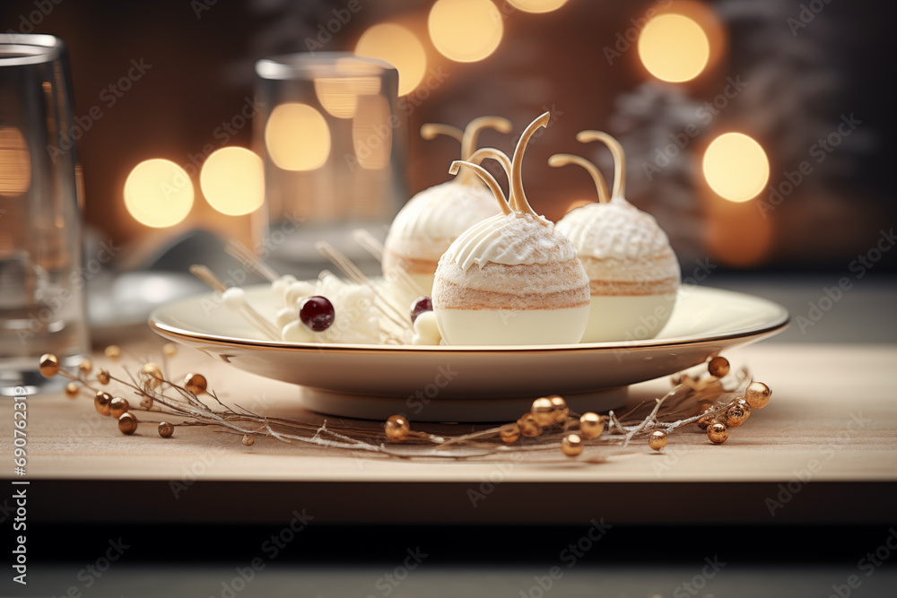 sweet cake with berries on a beautiful christmas background