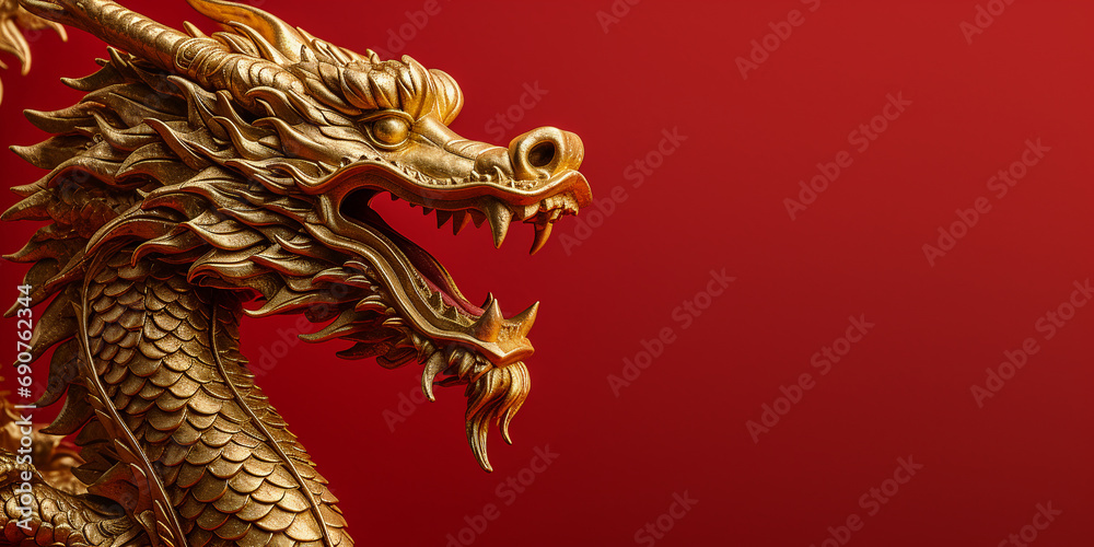 golden dragon on red background, copy space. ai generative golden dragon on red background, copy space. ai generative