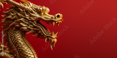 golden dragon on red background, copy space. ai generative