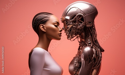 Woman and robot artificial intelligence on a trendy peach fuzz color background