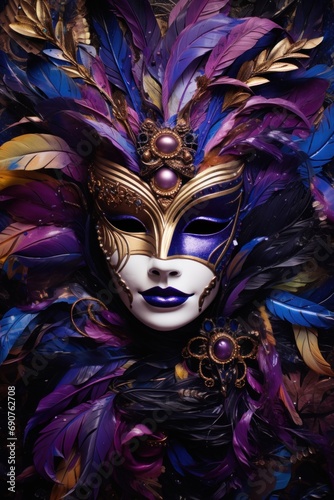 venetian carnival mask with purple and orange furthers © lublubachka