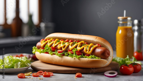 Delicious appetizing hot dog with ketchup, mustard, lettuce on the table homemade