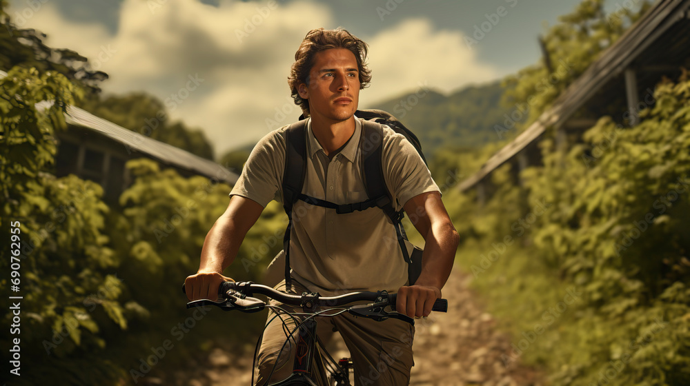 Fototapeta premium A contemplative young man cycles on a gravel path near mountains, embracing the tranquility and challenge of the outdoors.